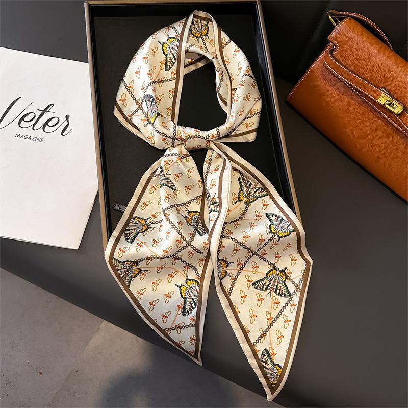 

Butterfly Simulation Silk Double-Layer Scarf Decorative Silk Scarf Commuting Spring And Summer Diagonal Scarf Versatile Thin Narrow Streamer Women 147x14cm