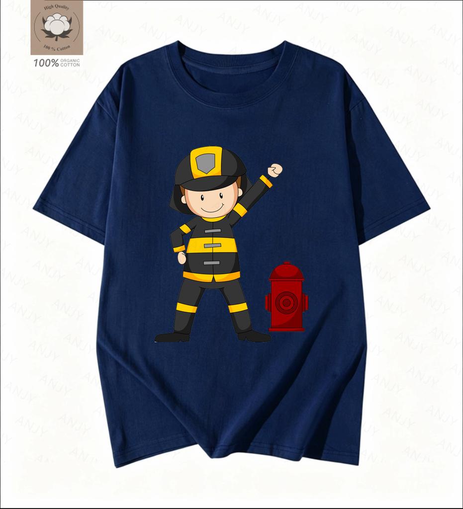 Simple Cartoon Firefighter Printed Tshirt Pays Tribute To The Daily Commuting Short Sleeved Reverse Traveler