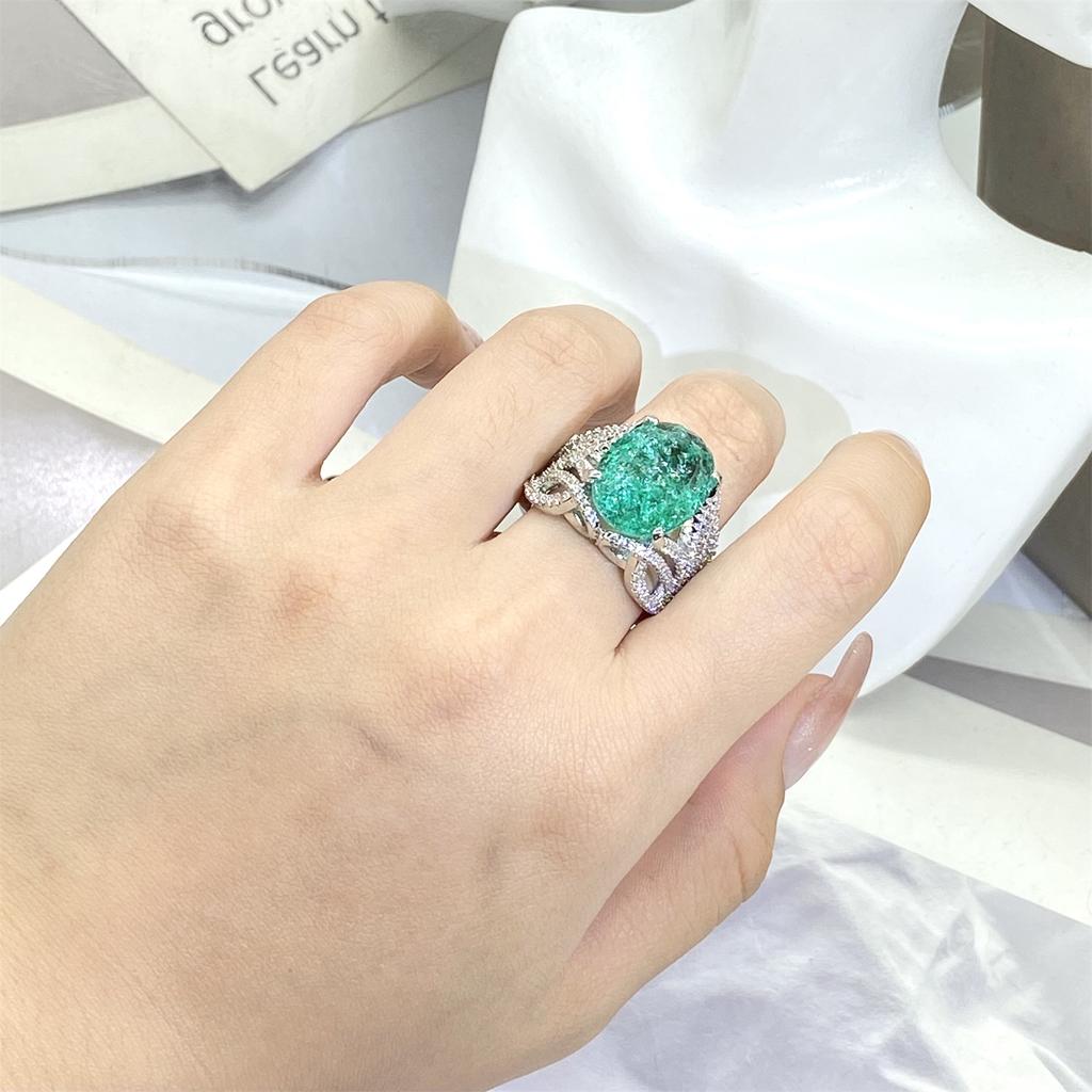 925 Silver Plated Fashionable Blue Green Moissanite Ring Fire Sparkling Luxury Ring Female Party Birthday Jewelry Gift