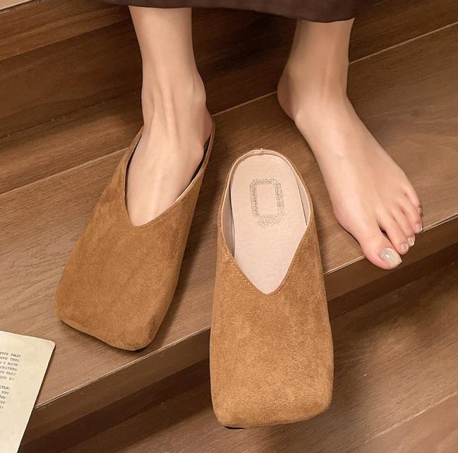 Fashion New Women Mules Summer Elegant Square Closed Toe Flat Slippers Female Shoes Casual Leather Black White Slides Plus Size 35-42