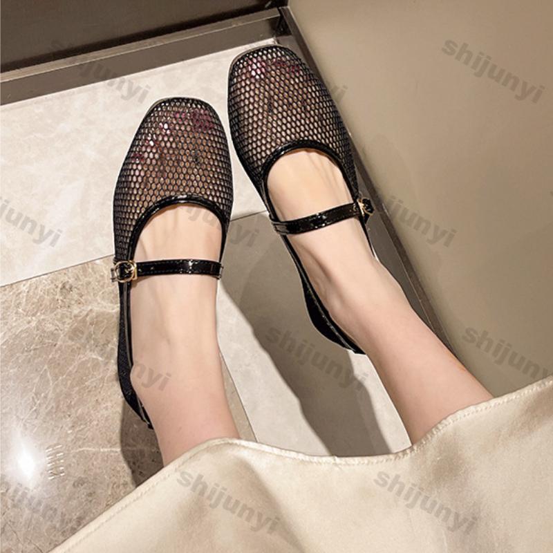 Fashion Women Shoes 2025 Summer New Breathable Mesh Buckle Strap Square Toe Mary Jane Flat Shoes Comfortable Soft Sole Women Loafers