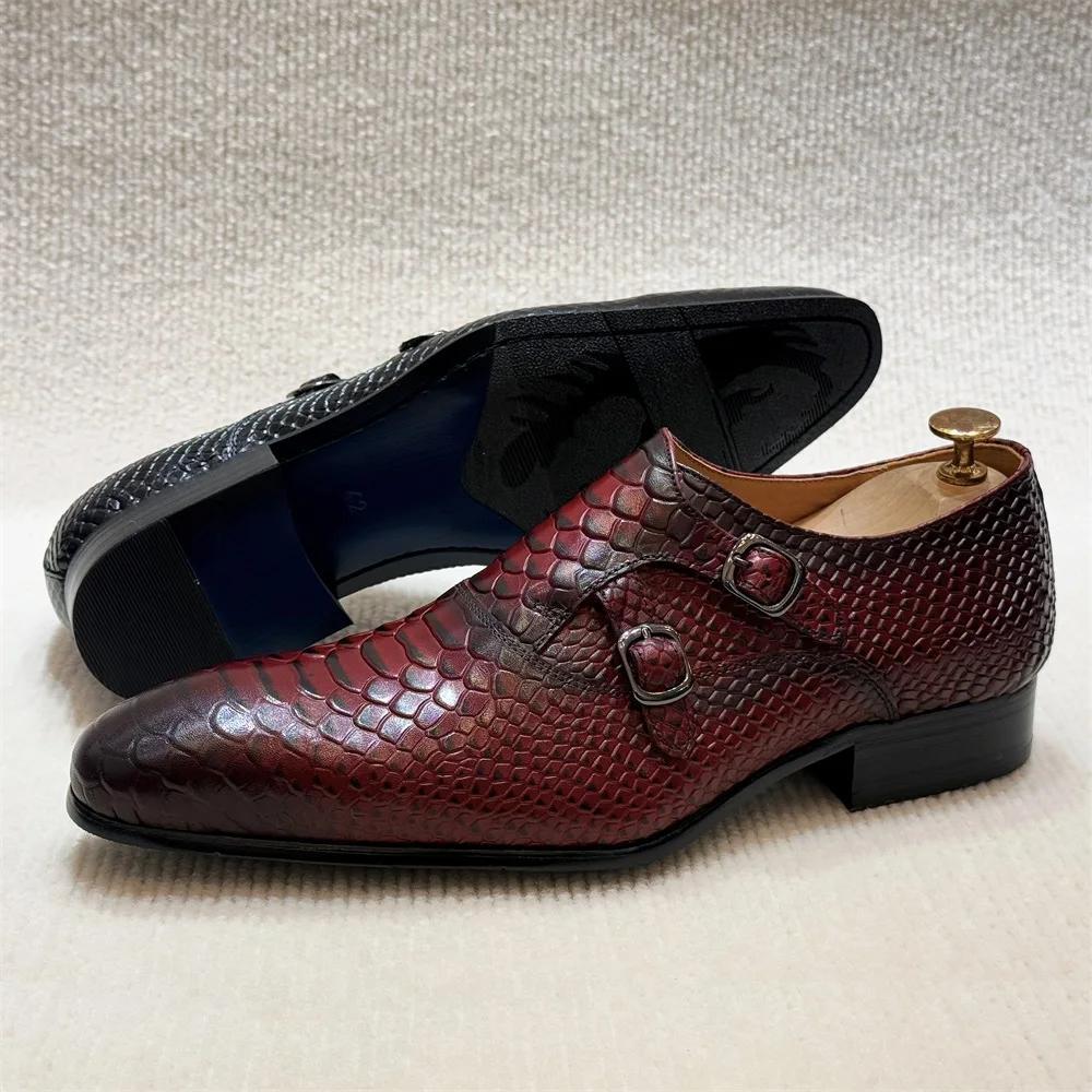 Fashion Men's Solid Color Genuine Leather Handmade Pointed Toe Oxford Shoes Python Pattern Lace-Up Formal Business Wedding Shoes