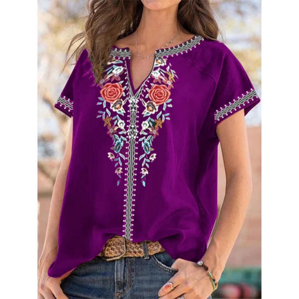 Summer New Ethnic Print Short Sleeve T-Shirt Top for Women, Hot Selling Popular Female Clothing
