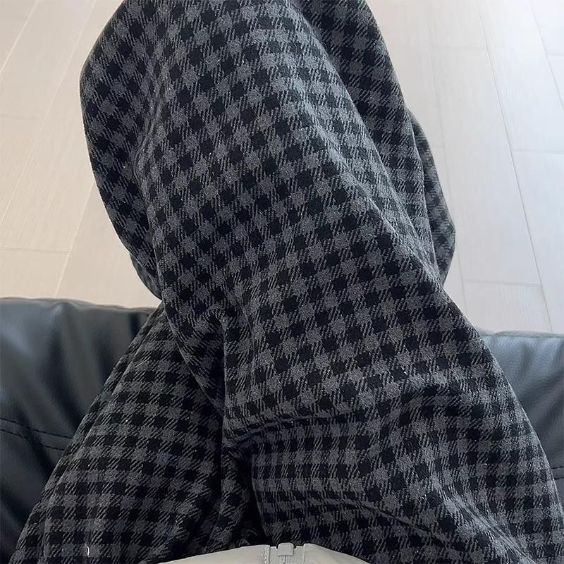 Women's Retro Wool & Velvet Plaid Wide-Leg Pants - Loose, Straight-Leg, for Autumn & Winter