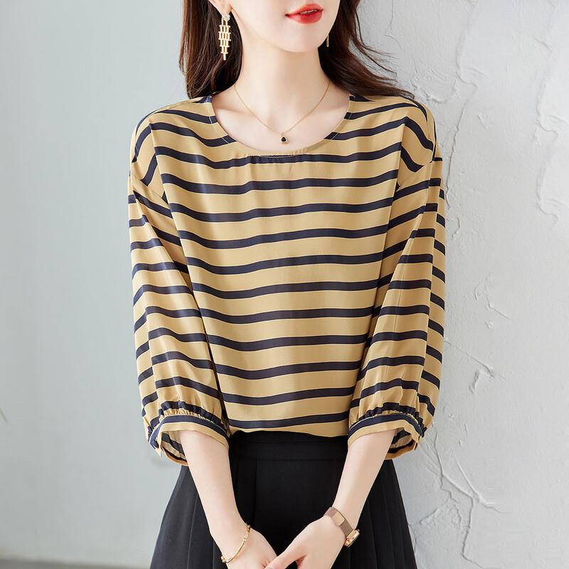 Srcr 100% Mulberry Silk Double Crepe Striped T-shirt for Women 2XL