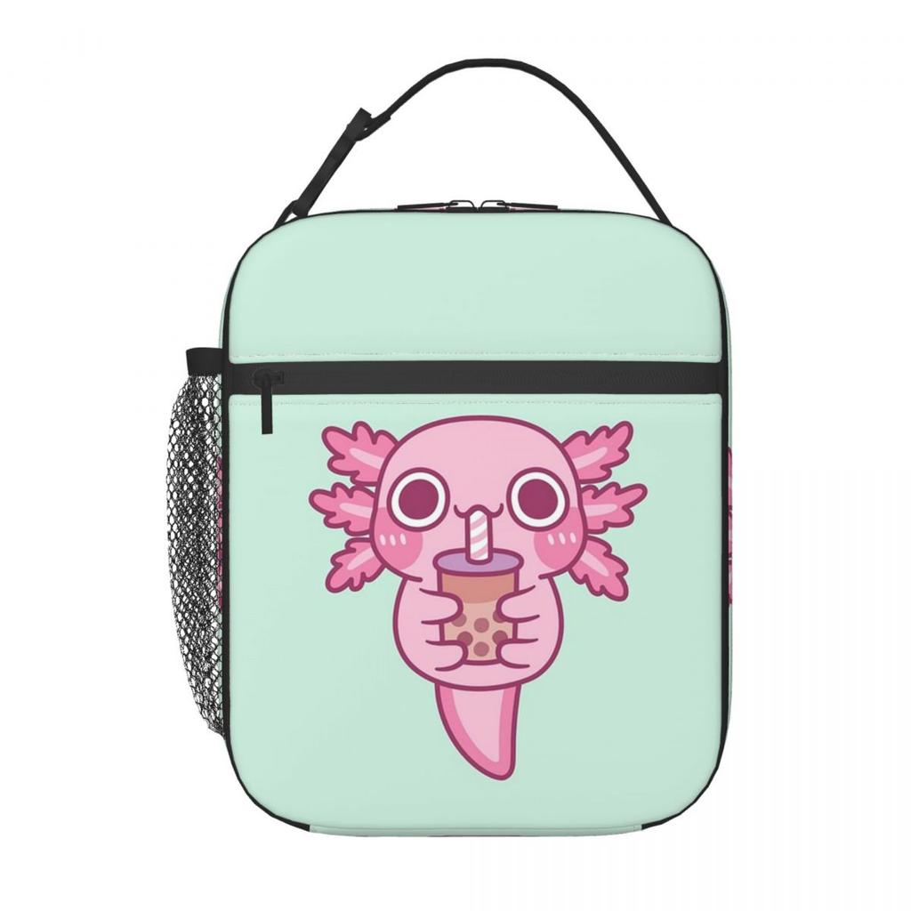 Niedliche isolierte Lunchtasche mit Axolotl-Milchtee-Print für Frauen und Kinder, tragbare Lebensmittelbox, Thermotasche