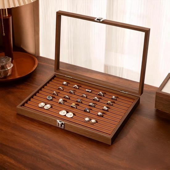 Ring-Aufbewahrungsbox, Langlebiges Holz mit unterteiltem Design, Weiches Samt-Innenfutter, Mehrgitter-Schmuckorganizer, für Ringe Armbänder Ohrringe