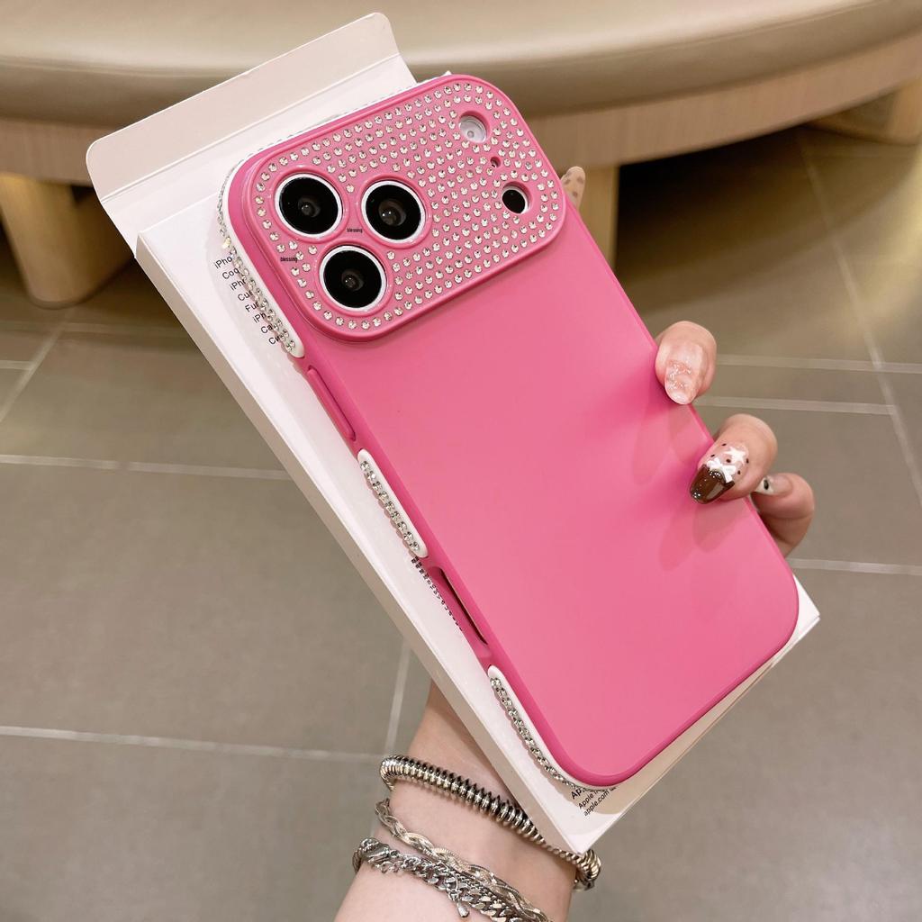 Compatible Apple 17 Pro Solid Color Rhinestone Lens Case for iPhone 16, Anti-fall Protective, Special Side Rhinestones.
