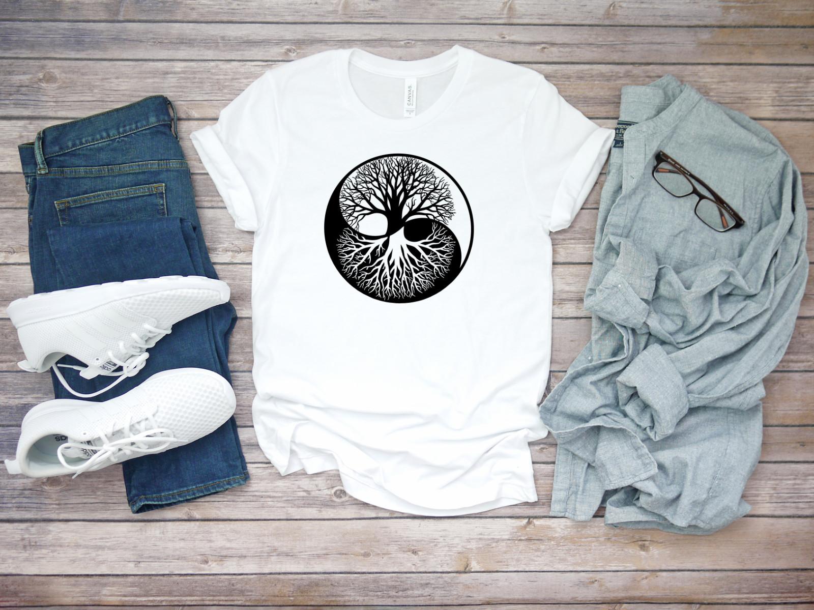 YinYang Tree Illustration Vector Short Sleeve White Men T-shirt D316 XXL