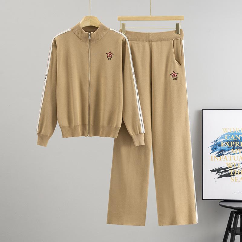 A New Autumn Casual Set Featuring A Letter Zipper Top with A Tie and Long-sleeved Knitted Two-piece