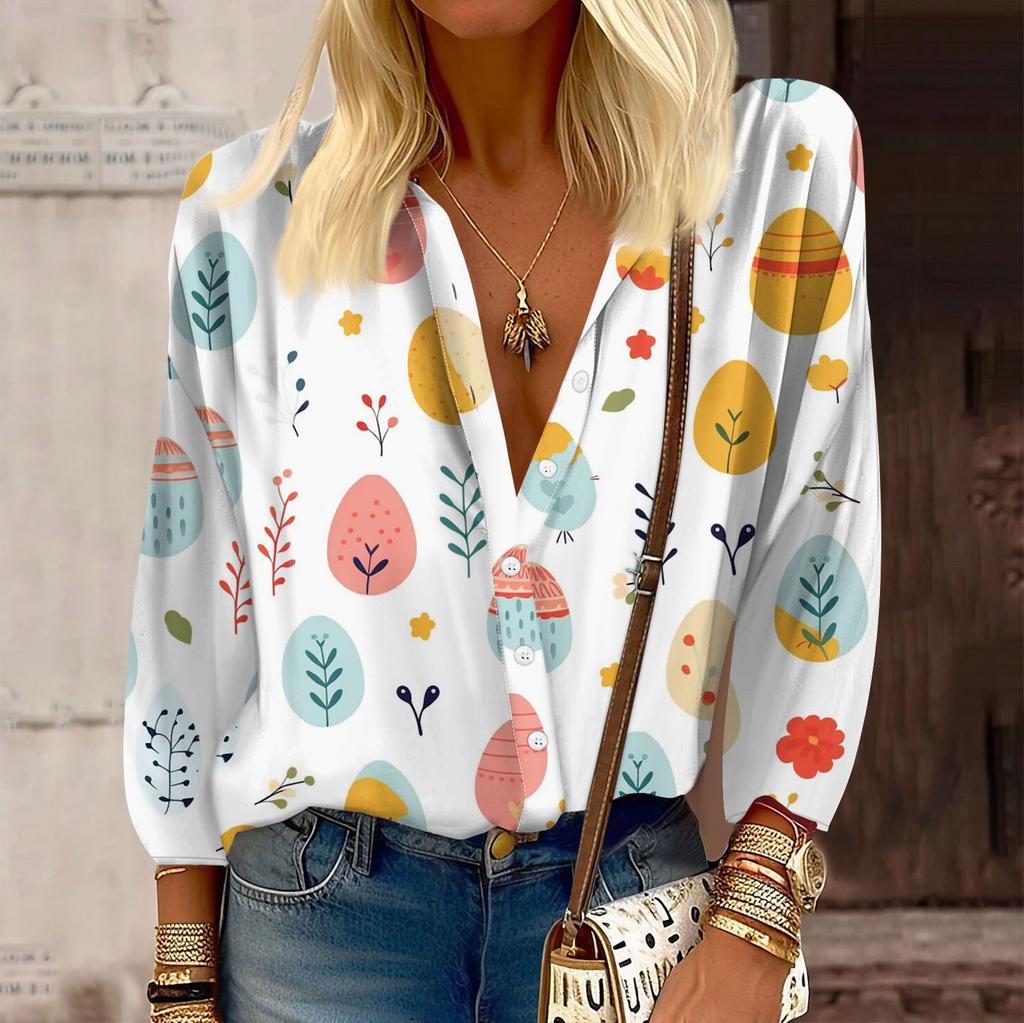 Women's Shirt Button Casual Easter Print Fashion Round Neck Drop Shoulder Seven Sleeve Shirt Top