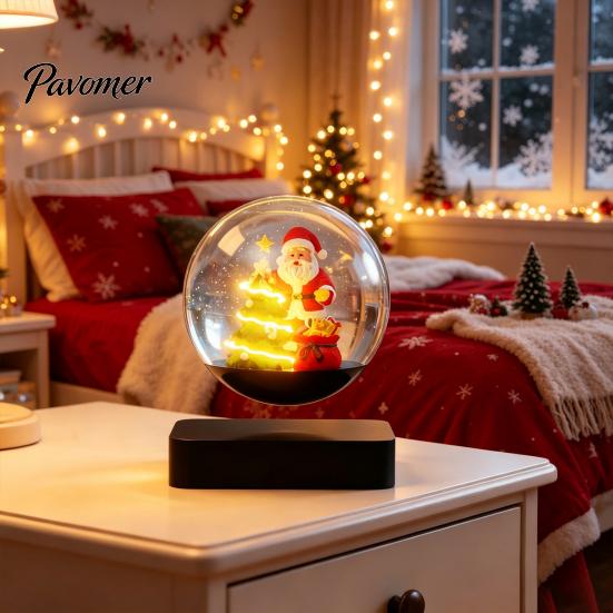Creative Christmas Party Accessory Magnetic Levitating Santa Claus Tree Ornament with LED Light, Lighted Rotating Floating Desk Decoration for Office