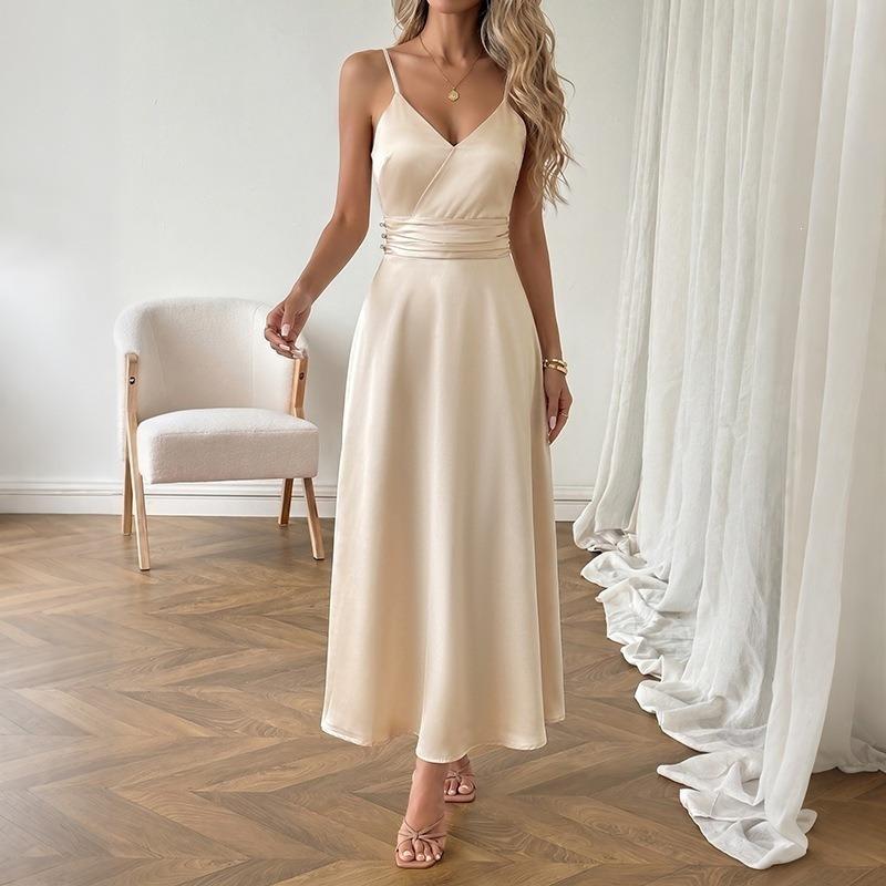 Women Satin Spaghetti Strap High Waist Solid Color Elegant Long A Line Dress