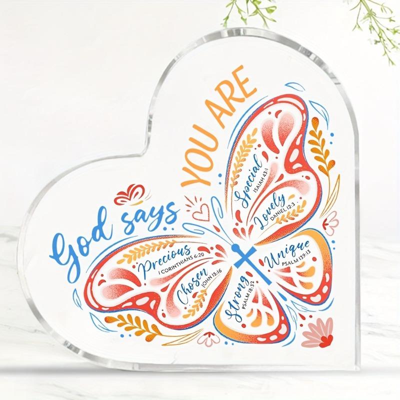 2D Flat, Christian Bible Verse Heart Acrylic Tabletop Decor Plaque, Butterfly Design, Home Decor Plaque Hanging Wall Art Decorative Garden Decoration