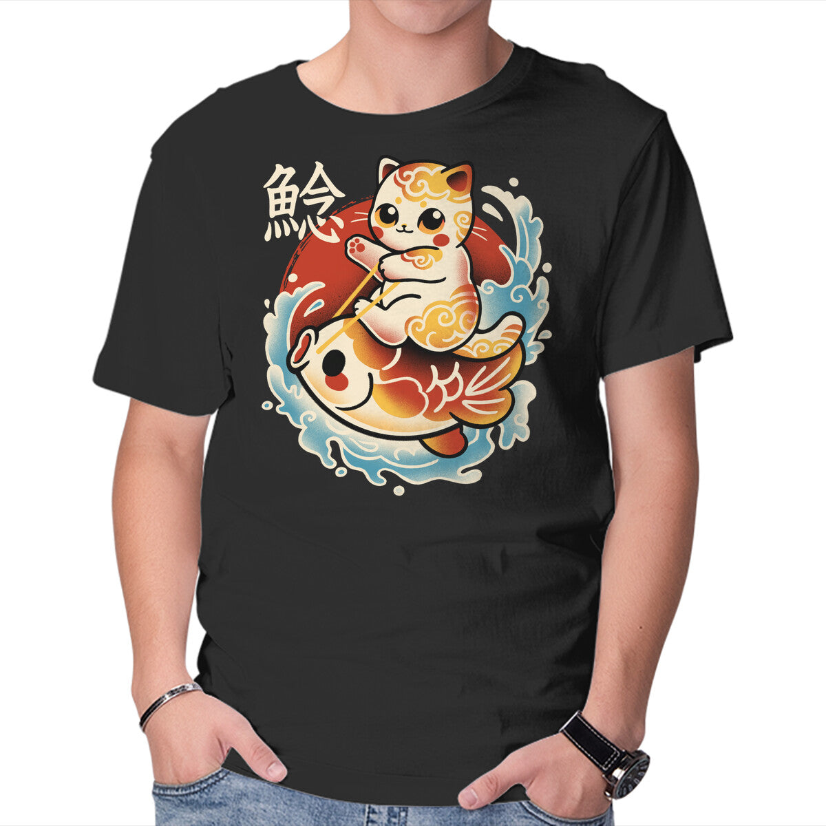 Unisex Crew Neck T-Shirt Neko Koi Fish Red Sun Graphic Short Sleeve Casual Tee XXXL
