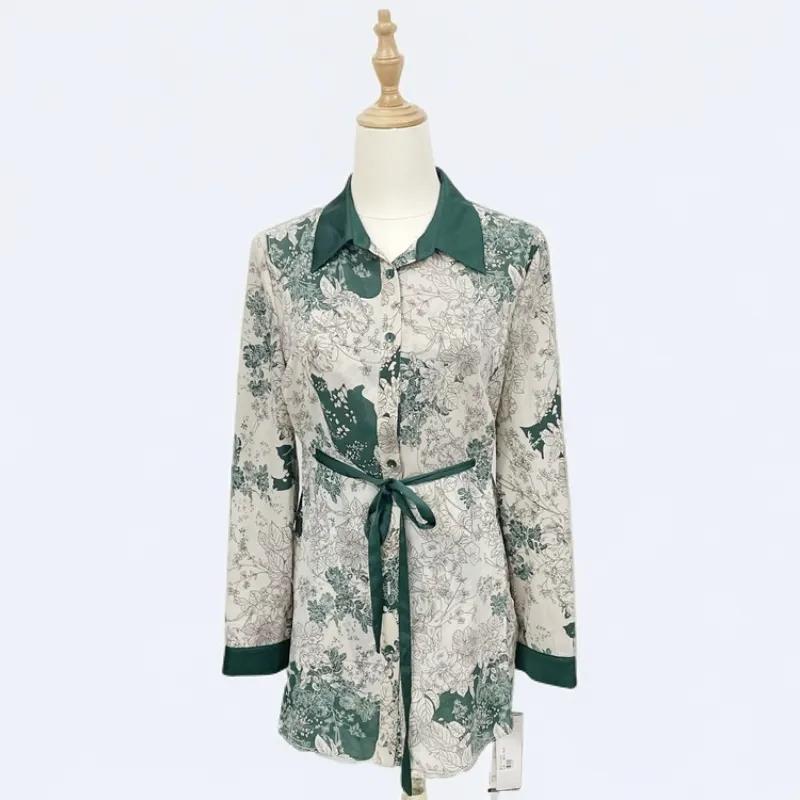 

Women s Green Floral Print Shirt Dress Satin Button Down Tunic with Belt, Elegant Long Sleeve Blouse Dress M зелёный