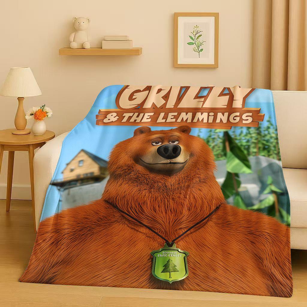 Kawaii Grizzy and The Lemmings Cartoon Flannel Blanket,Ultra Soft Warm Plush Throw for Home Bedroom Bed Sofa Cover Kids Gift