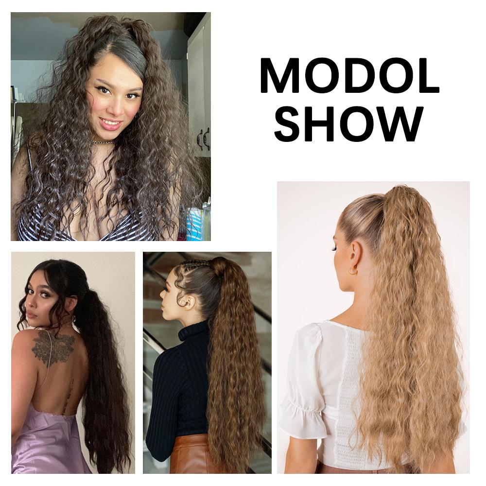 55cm Synthetic Long Wavy Ponytail Hairpiece Natural Blonde Brown Wrap Around Hair Extensions for Women