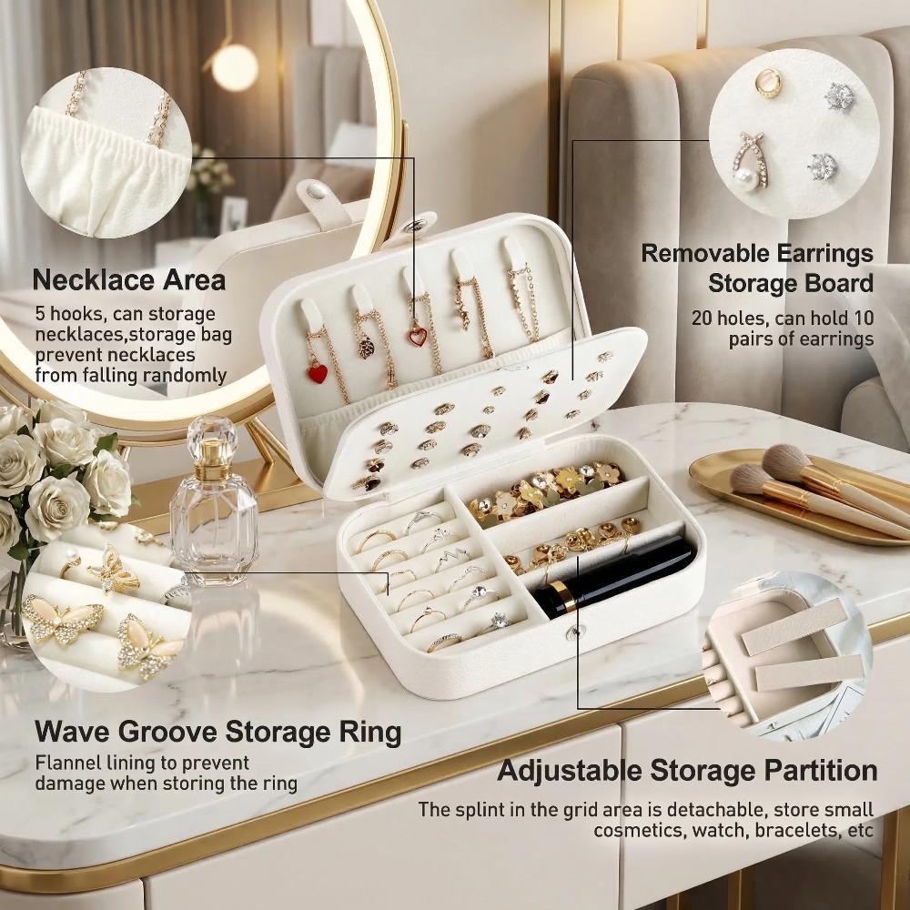 Women's and Girls' Portable Jewelry Box - Double-Layer Display and Storage Organizer for Earrings, Rings, Necklaces (1 Piece, White)