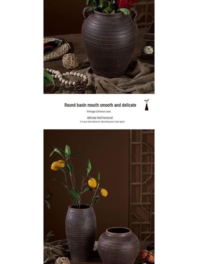 Zen-Style Rustic Pottery Vase for Dried Flowers and Succulents: New Chinese Retro Design