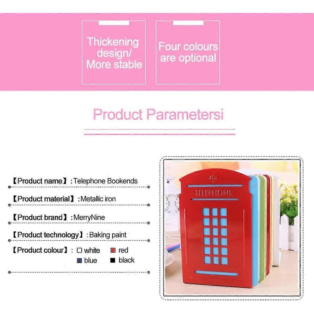 Bookends,1 Pair Heavy Metal Non Skid Sturdy Telephone Booth Decorative Gift for Bookshelf Office School Library (Bookends, Red)