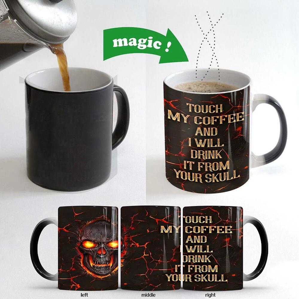 

Цветные меняющие чашки кружка Touch My Coffee Mug 11 унций 3D огненный череп черная керамическая кружка для кофе подарочная кружка на Хэллоуин геймер муж чашка для чая 301-400ml коричневый