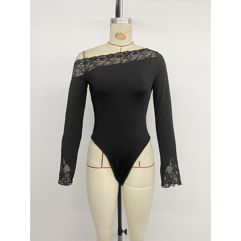 Fall New Elegant Sexy Lace One-shoulder Off-shoulder Black European American Jumpsuit