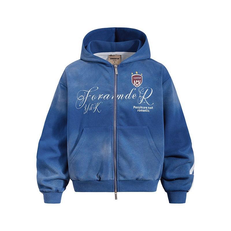 High Street American Letter Zip Hoodie 2026 Fall Casual Loose Fit Printed Sweatshirt Men