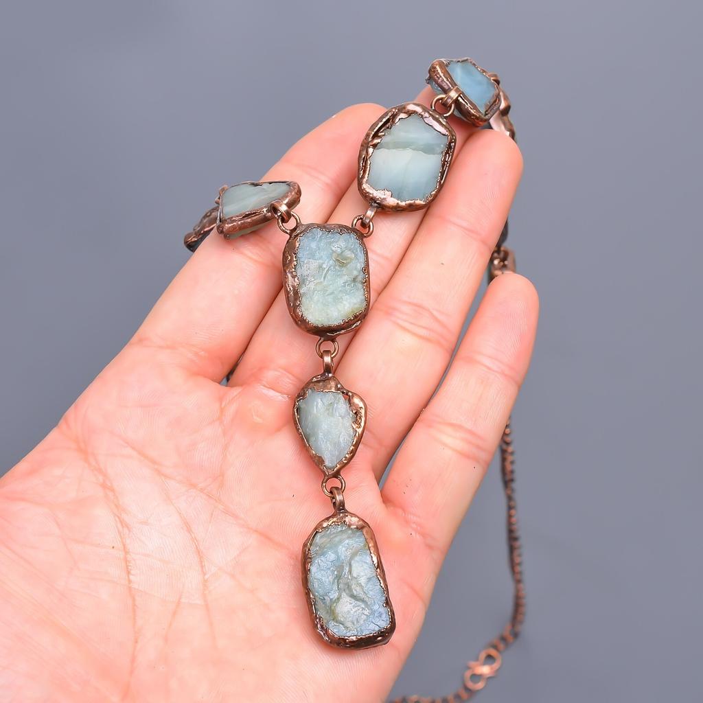 Aquamarine Rough Gemstone Copper Boho Electroformed Birthday Gift Chain Necklace V-23
