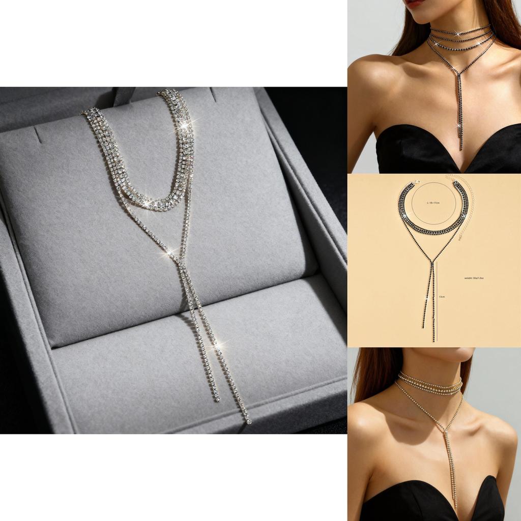 Silver Black Gold Plated Long Necklace With Water Crystals And Geometric Design For Womens Fashion