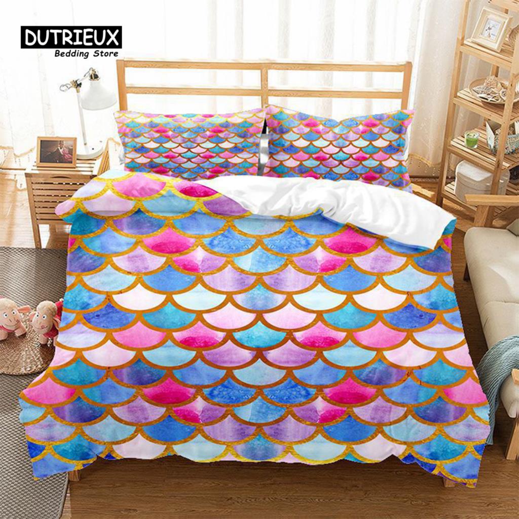 Mermaid Fish Scales Duvet Cover Magical Colorful Seamless Pattern With Fish Scale Net Print Bedding Set Microfiber Quilt Cover