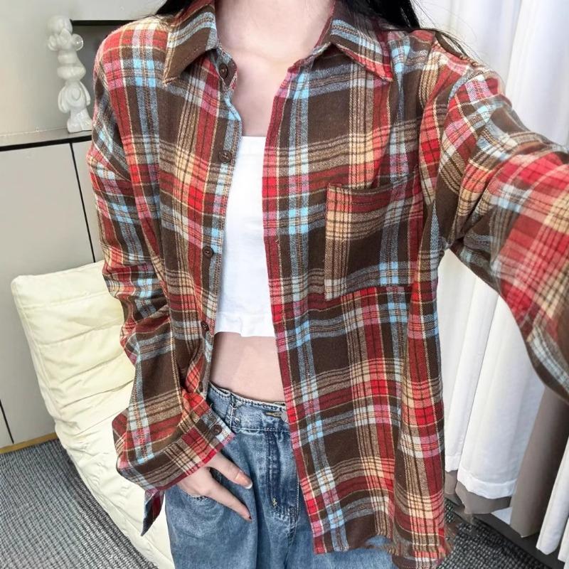 2025 Spring and Autumn New Shirt for Women Korean Version Retro Hong Kong Style POLO Collar Student Plaid Loose Jacket Shirt for Women