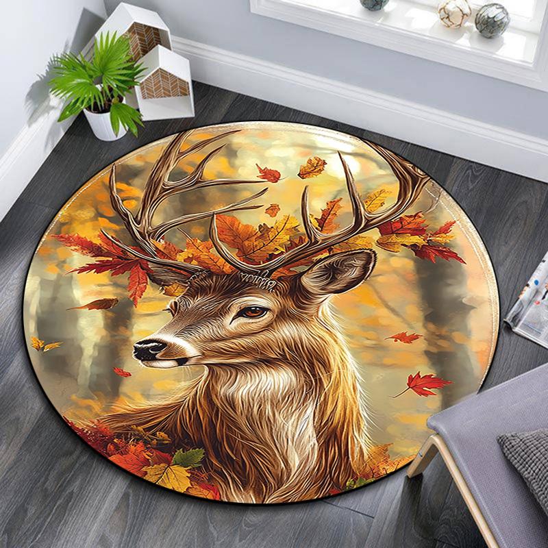 Autumnal Deer Round Area Rug,Carpet Rug for Living Room Bedroom Sofa Playroom Decor,Non-slip Floor Mat