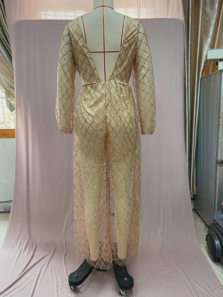 2025 Winter European & American Women's Sexy V-Neck Backless Gold-Stamped Dress