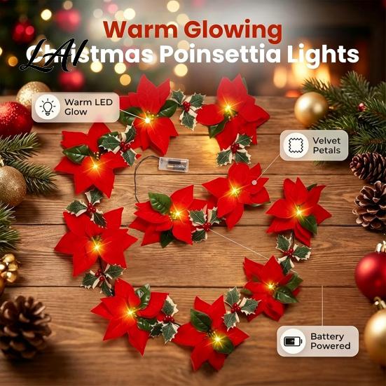 Farmhouse Style Festive Door Decor Christmas Poinsettia Garland with Light 78/118 Inch Lighted Artificial Flower Velvet Wreath String Light