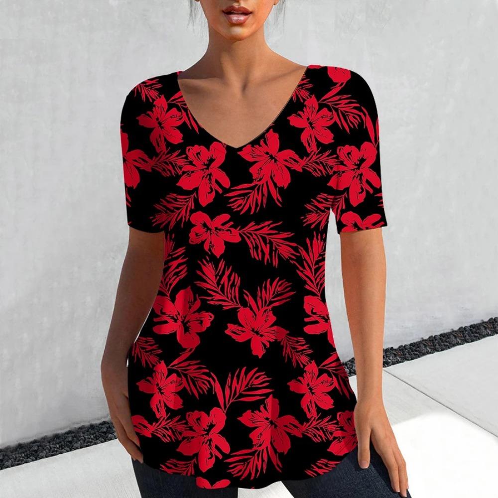 Fashion Floral Print 3D Printed Women's Casual V-neck Short Sleeved T-shirt