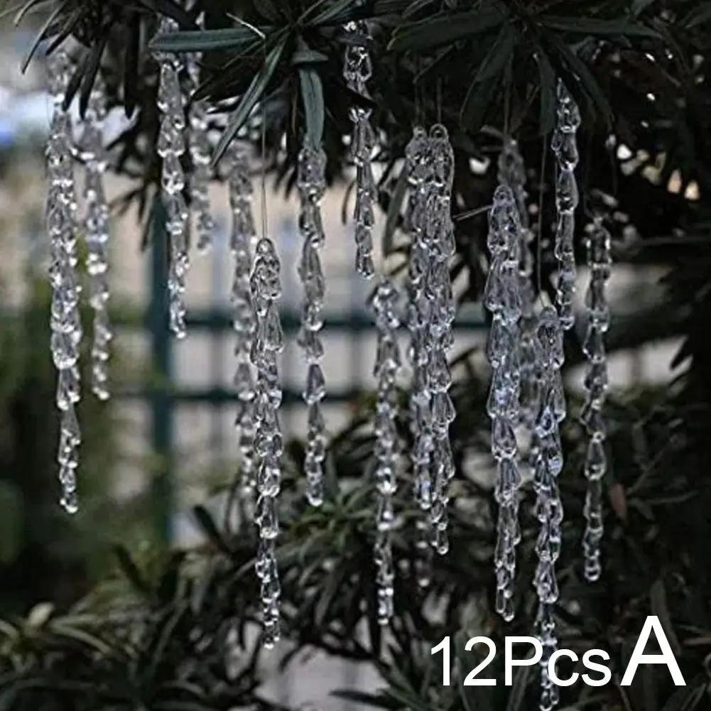 12pcs Christmas Clear Simulation Ice Xmas Tree Hanging Year Winter Ornament Party Fake Home Icicle Supplies Navidad Decor N H7F3