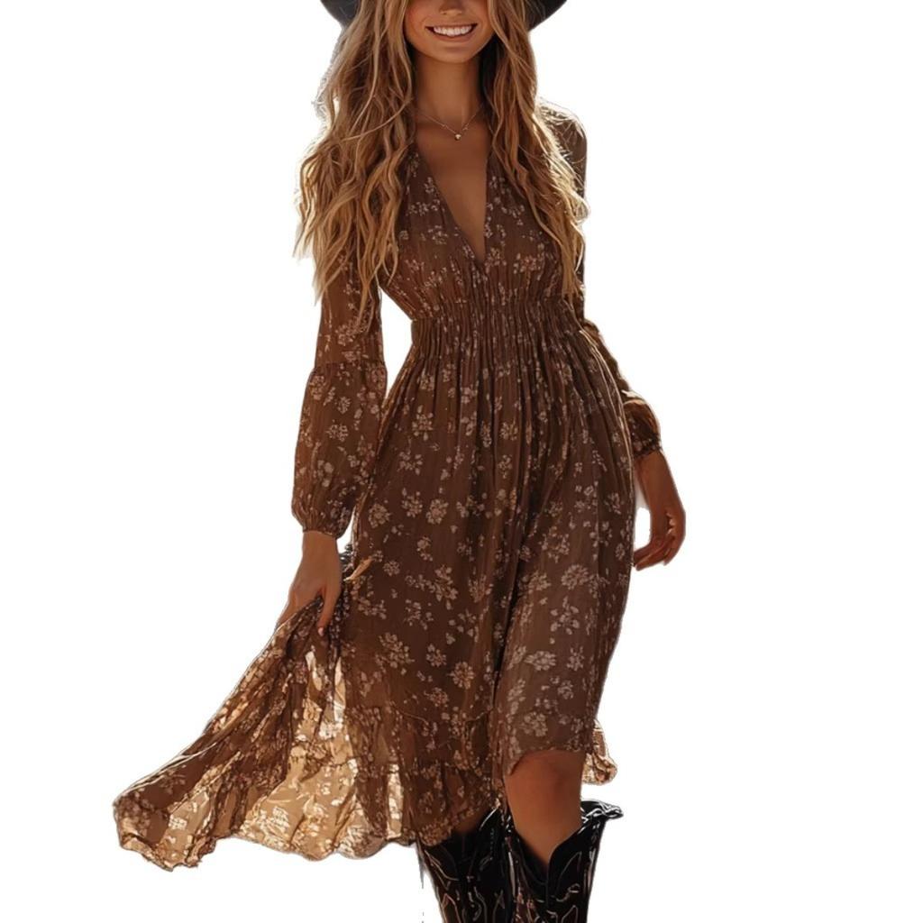 New Western Denim Ethnic Style Floral Print Vintage Casual Dress for Women Spring Summer