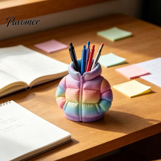 Mini Down Jacket Pen Holder Rainbow Coat Holder, 3D Printed Puffer Desk Organizer, Creative Storage for Stationery And Brushes Gel