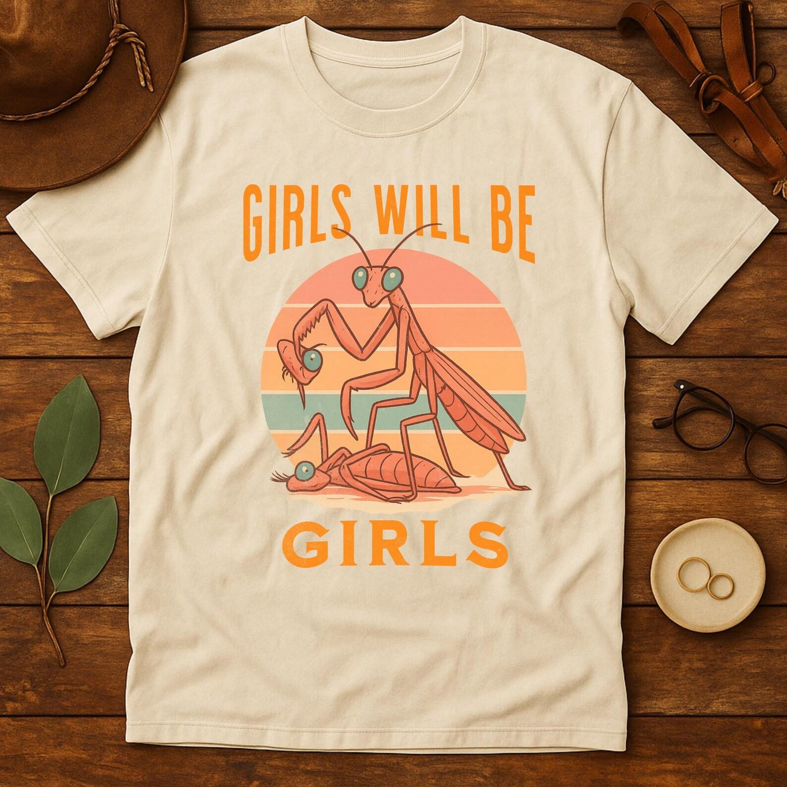 Funny Praying Mantis Graphic Tee - Retro Sunset Feminist Bug Shirt XL