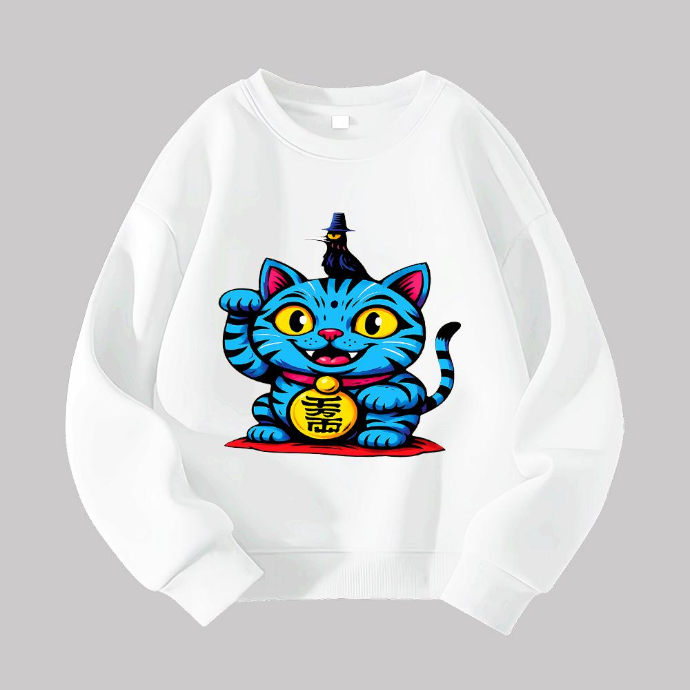 KPop Demon Hunter Lucky Blue Cat Sweatshirt Animal Print Casual Pullover Streetwear Unisex