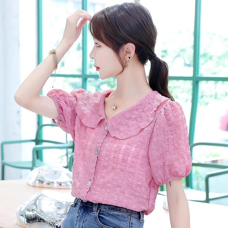 Summer Loose Solid Color Short-sleeved Doll Collar Chiffon Shirt Top Women