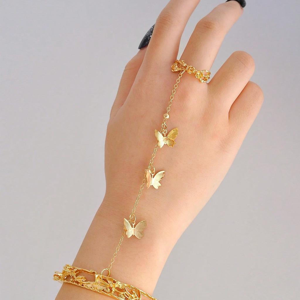 Women Silver Crystal Zircon Butterfly Hand Chain Finger Ring Bracelet Rhinestone Party Jewelry