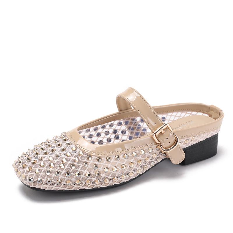 Fashion Crystal Studded Mesh Breathable Shoes Fashion Square Head Shallow Mouth Mary Jane Shoes Elegant Office Ladies Low Heel Pumps