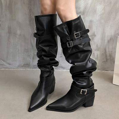 Botas de bico fino acima do joelho, botas altas femininas, salto médio, sapatos sensuais e grossos, tendência 2024, botas góticas Chelsea, inverno, botas femininas