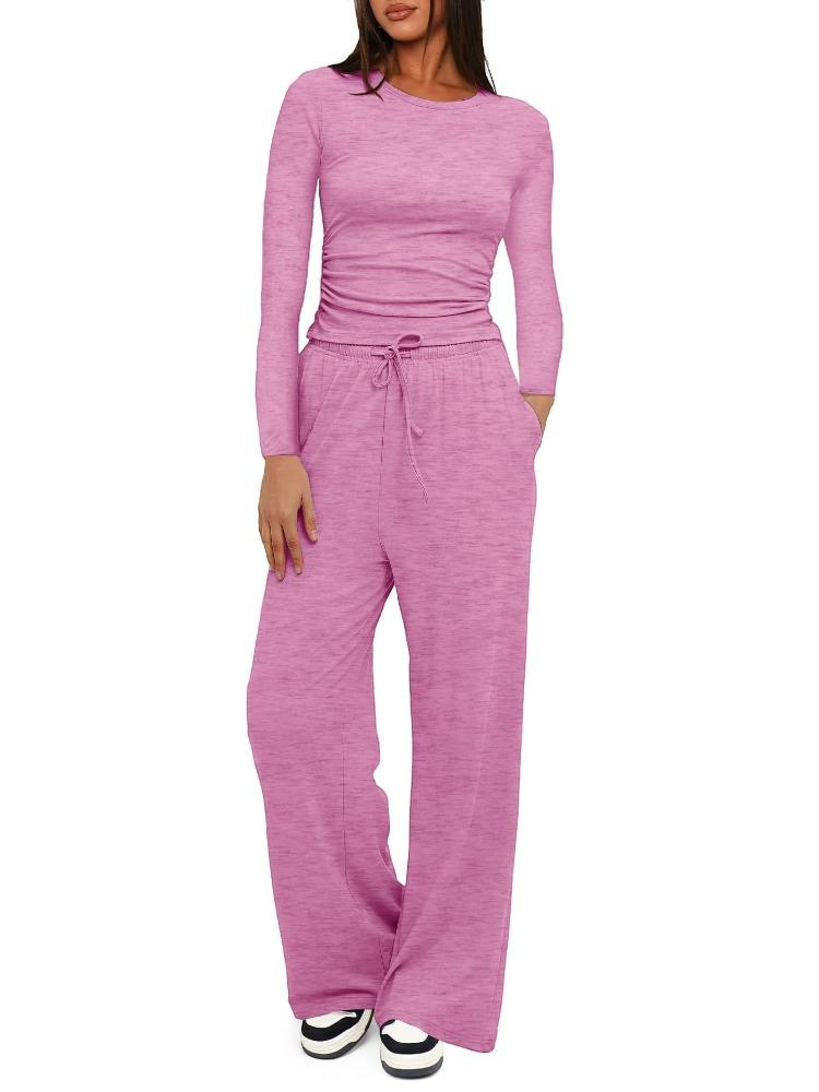 Women's Ribbed Long Sleeve Top and Wide Leg Pants Set