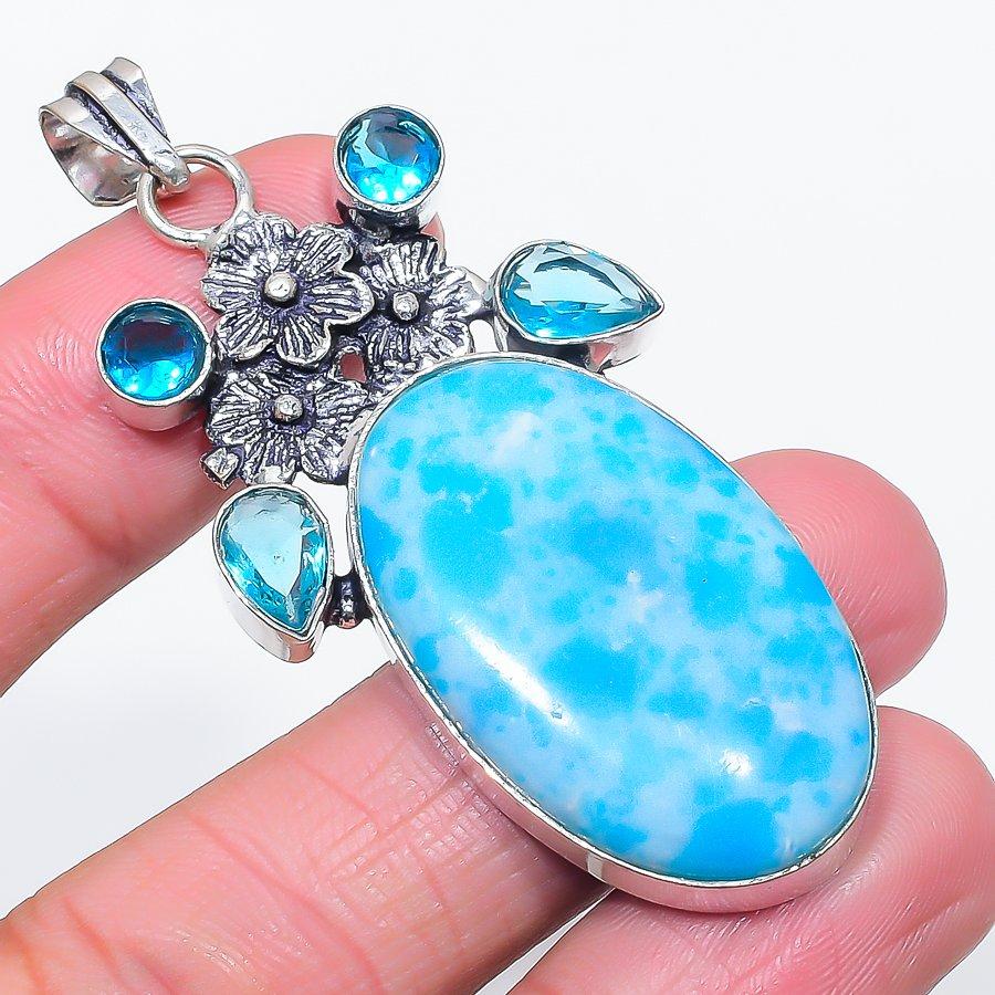 Larimar, Topaz Gemstone 925 Sterling Silver Jewelry Pendant 2.56"