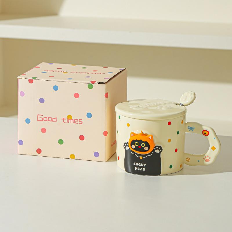 Cute cat ceramic mug with lid spoon coffee water cup couple cup with gift high value