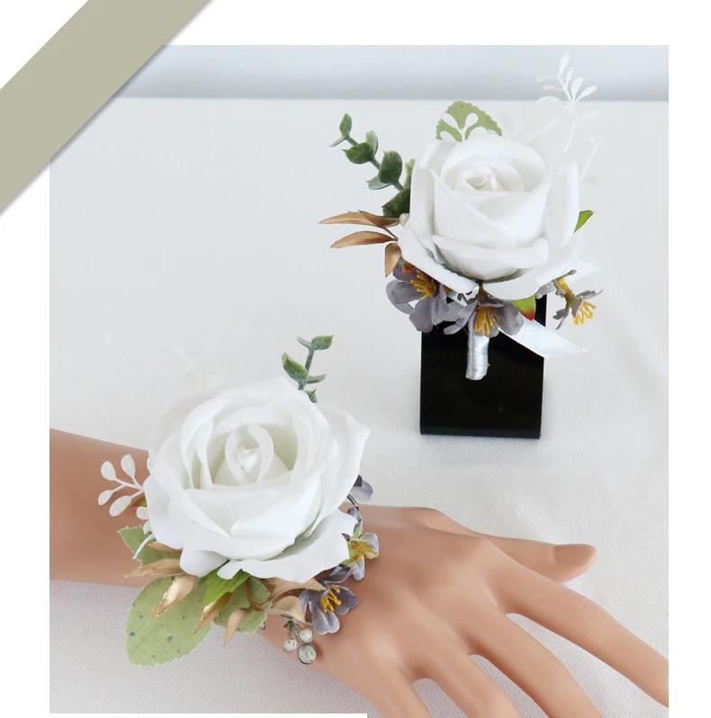 6pcs White Pink Corsage and Boutonniere Set Artificial Rose Wristlet Suit Flower for Men Wedding Party Prom Decoration