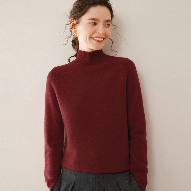 Women's 100% Pure Cashmere Soft Knit Sweater, Half-High Neck, Loose, Skin-Friendly, Slimming Base Layer